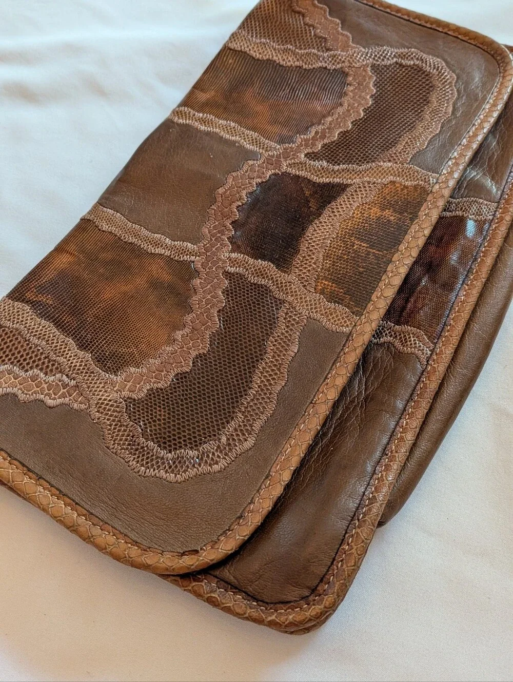 Vintage Carlos Falchi Brown Patchwork Leather Messenger Bag